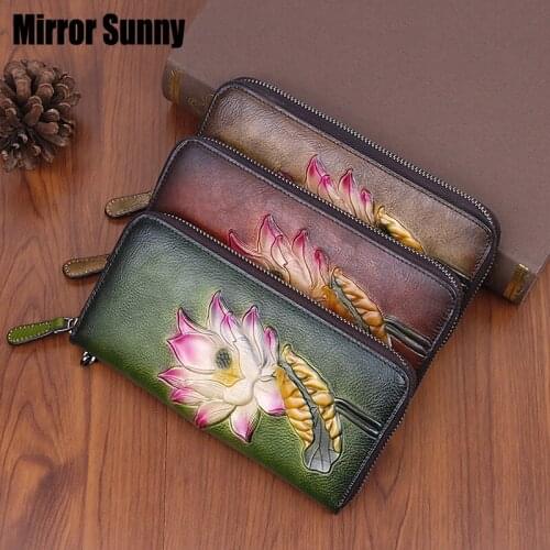 New First Layer Cowhide Genuine Leather Women Wallet Retro Color Brushed Flower Multi-card Ladies Long Zipper Purse Clutch Bag