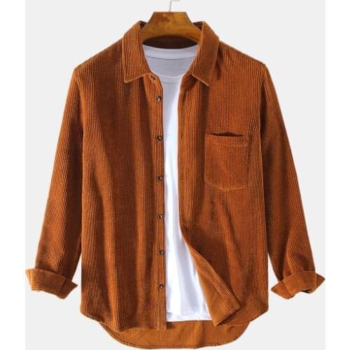 Mens Plain Style Corduroy Solid Color Casual Long Sleeve Shirts Turn-down Collar Pockets Shirts for Men Clothes 2021