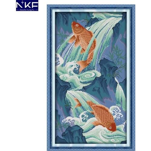 NKF Fish Leaping Over The Dragon Gate Pattern Handmade Craft Needlework Cross Stitch Embroidery Kit Cross Stitch for Home Decor