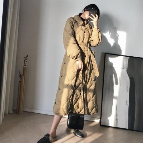 Single Breasted Parkas Vintage Trend Cotton Long Coat Belt Korean Slim Basic Jacket Women Winter Overcoat Thick Outwears