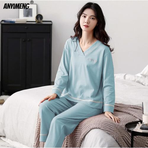 Autumn Winter New Pajamas for Woman Solid Pyjamas Women Fashion Loungewear V-neck Soft Cotton Leisure Sleepwear for Female