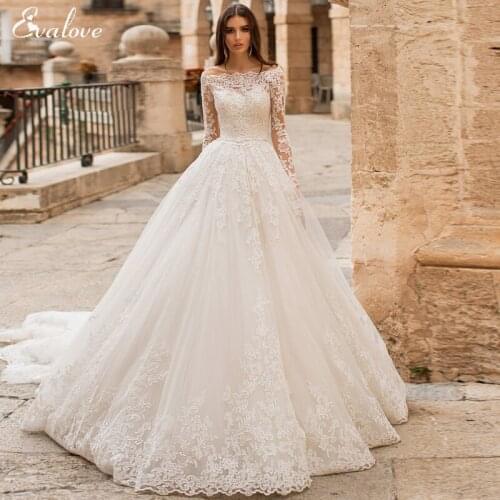 EVALOVE Gorgeous Appliques Long Sleeve 2 in 1 Bride A-Line Wedding Dress Romantic Boat Neck Sashes Beading Vintage Bridal Gown