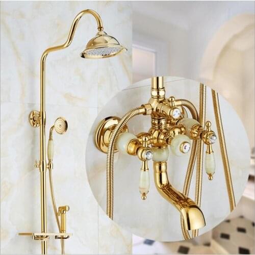 Europe style luxury bath and shower faucet brass and jade gold finished wall mounted shower faucet set with rainfall shower head