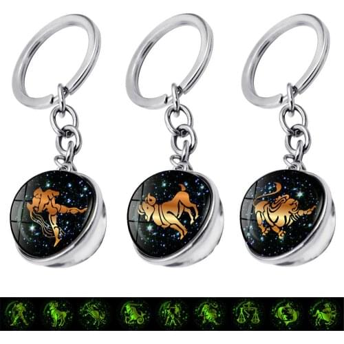 Luminous Zodiac Sign Keychain 12 Constellation Leo Virgo Libra Scorpio Taurus Glass Ball Pendant Keychain for Keys Birthday Gift