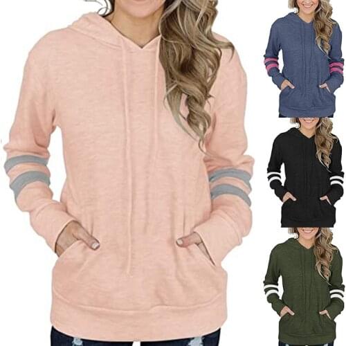 Plus Size Womens Hooded Sweatshirt 2021 Autumn Kangaroo Pocket Hooded Long Sleeve Loose Contrast Stitching Striped Sweatshirt