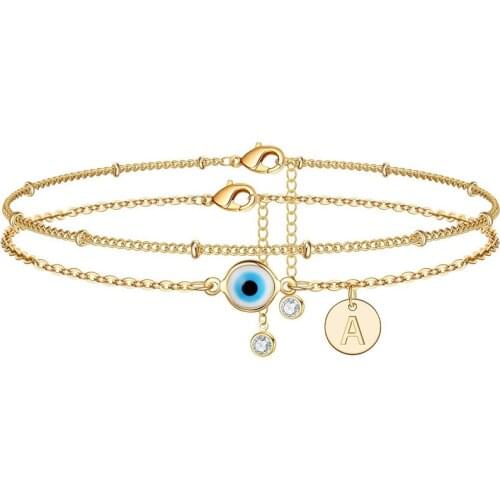 The New Hot Sales in Europe and America in 2021 Evil Eye Anklet Electroplated Real Gold Disc Letter Anklet Adjustable Anklet