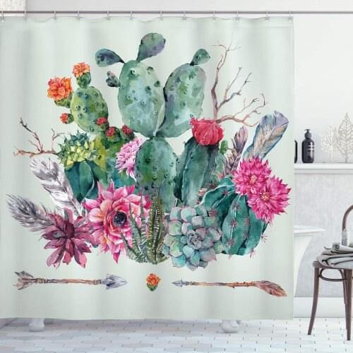 Cactus Spring Garden with Boho Style Bouquet of Thorny Plants Blossoms Arrows Feathers, Cloth Fabric Bathroom Décor