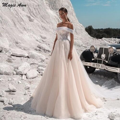 Magic Awn Light Champagne Boho Wedding Dresses Off The Shoulder Lace Appliques Illusion Beach Mariage Gowns A-Line Vestidos Boda