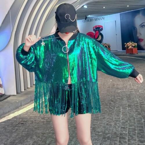 Womens Tassel Sequin Jacket 2021 Spring Autumn Streewear Rock BF Retro Long-sleeved Silver Reflective Jacket Woman Outwear Tops