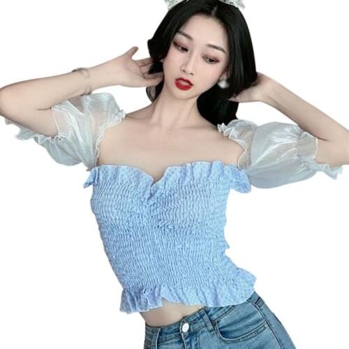 Womens Korean Style Chiffon Blouses Sweet Puff Sleeve Summer Floral Sweet Shirt