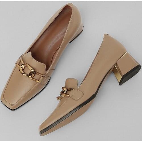 Womens genuine leather thick med heel square toe slip-on pumps chain decoration OL style female casual daily heels shoes women