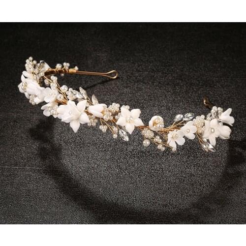 New Fashion Ceramic Flower Pearl Crystal Wedding Crown Headband Hair Jewelry Womens Wedding Party Hair Accessories