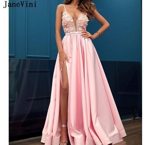 JaneVini Robe Chic Pink Satin Prom Dresses Long Beaded Lace Flowers Sexy Slit A-Line Evening Party Formal Gown платье элегентное