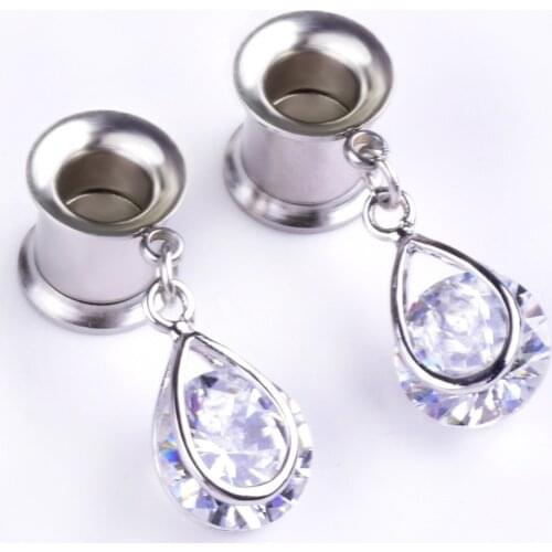 1 Pc 6-25mm Stainless Steel Ear Plugs Double Horn Drop Zircon Pendant Ear Extension Puncture Earrings Body Jewelry