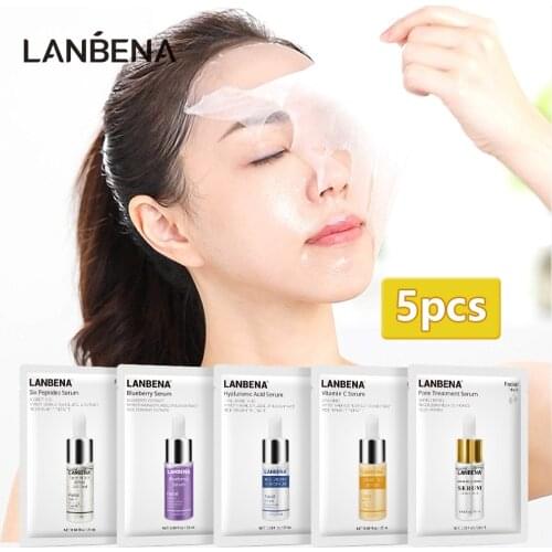 Lanbena 5pcs Hyaluronic Acid Serum Face Mask Vitamin C Whitening Anti-Aging Minimize Pores Soothing Dryness Anti Wrinkle Skin
