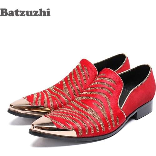 Batzuzhi Italian Style Men Shoes Metal Cap Genuine Leather Shoes Men Zapatos Hombre Red Wedding Shoes Men Party Club, Size 38-46
