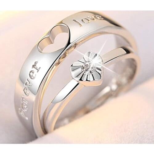 Free Shipping Adjustable Open Heart-Shaped Copper 30% Silver Plated Crystal Couple Ring Men Women Proposal Jewelry Dropshipping