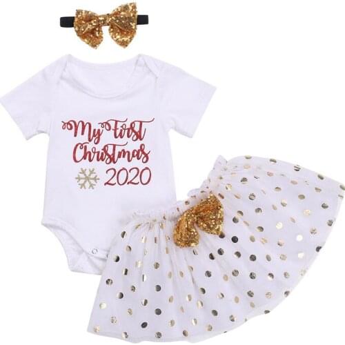0-18M Newborn Baby Girls Christmas Clothes Set Short Sleeve Letter Bodysuits Tops Dots Mesh Tutu Skirts Headband 3Pcs Xmas