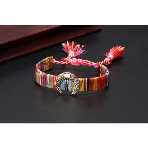 Ethnic boho mix cz paved moon sign soft cotton silk tassel band charm adjustable bracelet for woman