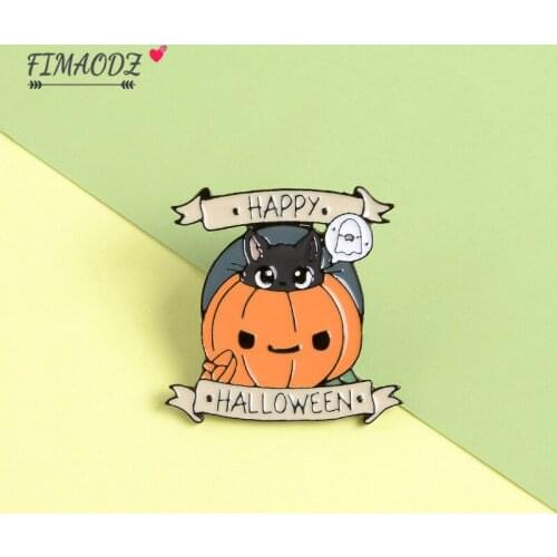 FIMAODZ Happy Halloween Brooches Black Cat Pumpkin Cartoon Clothes Bag Lapel Pin Novelty Festival Gift for Kids Jewelry
