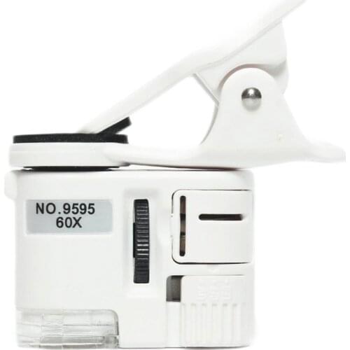 Universal Clip Microscope 60/100X LED Jewelry Magnifying Glass Focusing Adjusted Pocket Microscope with Cell Phone Clip UV Light