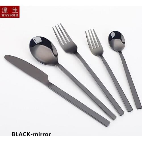 5pcs Stainless Steel Dinner Tableware Knife and Fork Set Mirror Black Cutlery Spoon Dessert Fork Portable Charger Plates Set