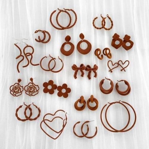 Multiple Brown Color Bowknot Circle Flower Velevt Earrings for Women Autumn Winter Plush Heart Geometric Drop Earrings Brincos