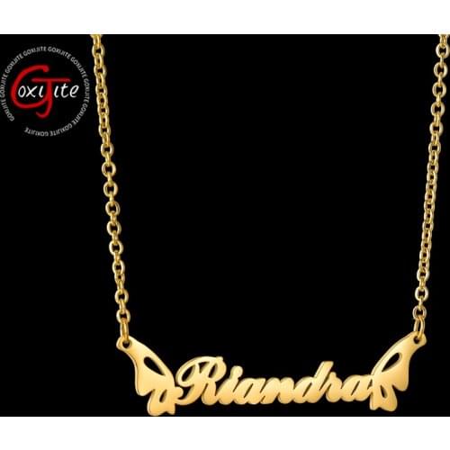 Goxijite Personalized Name Necklace For Women Custom Stainless Steel Double Butterfly Letter Nameplate Choker Necklaces Gift