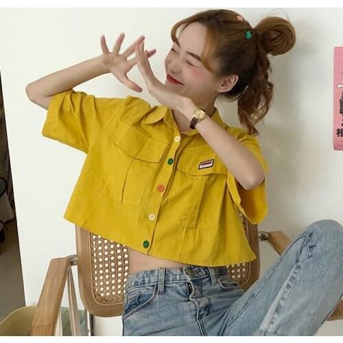 Summer Short Sleeve Women Shirts Preppy Style Turn-down Collar Blouses Rainbow Buttons Shirt Tops