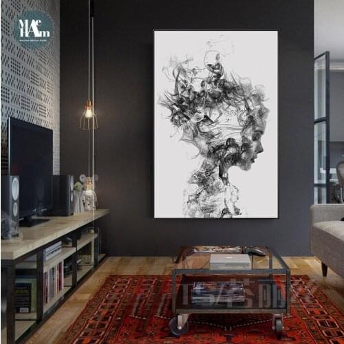 Hand Painted Abstract smoke figures line wall art Canvas Painting Prints Black white Posters for Living Room Minimalist Decor
