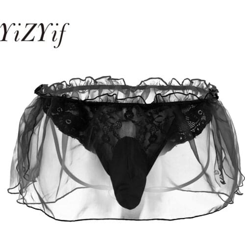 YiZYiF Super Hot Men Sexy Lingerie Lace Flower Organza G-string Thong Bikini Underwear Underpants with Bulge Pouch Sissy Panties