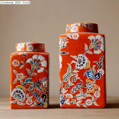 Nordic Antique Decorative Jars Hand-painted Ceramic Square Countertop Ornaments Storage Jars Country Home Classical Decorations