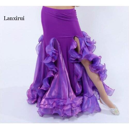 Sexy Women Bellydance costume Long Ruffle carnaval Skirt Side Slit Purple Red White Blue Pink Solid Color Dancing Performance