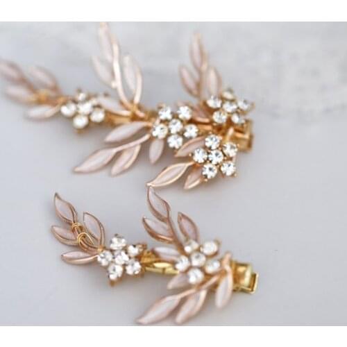 Gold Leaf Bridal Hair Clips Pins Crystal Floral Wedding Hair Piece Accessories Handmade Women Headpiece Jewelry