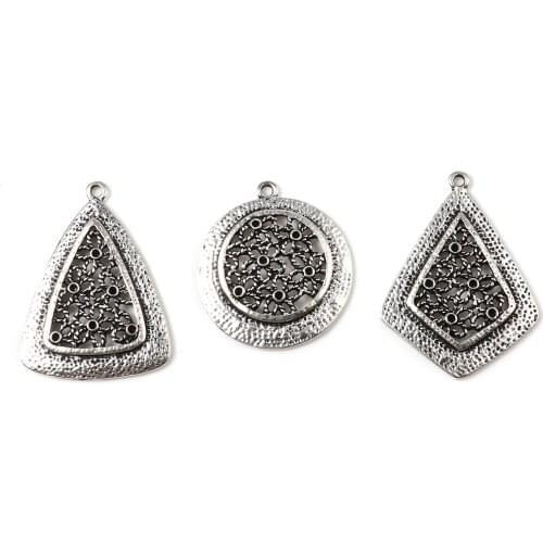 Vintage Pendants Geometric Antique Silver Color Flower Charms DIY Necklace Jewelry(Can Hold ss5 Pointed Back Rhinestone),5PCs