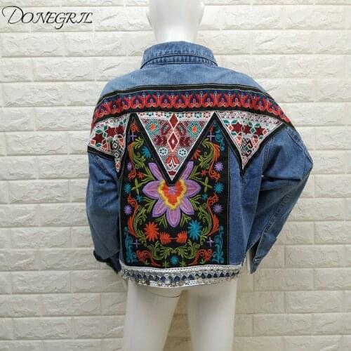 2020 Bew boho Denim Jacket For Women Autumn Floral Appliques Embroidery Vintage Coat Long Sleeve Outerwear Female Jacket Coat