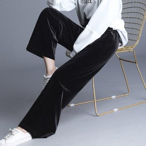 Oversize Trousers Women 2020 Autumn Solid Elastic Waist Pleuche Wide Leg Pants Casual Thick High Waist Fleece Black Long Pants