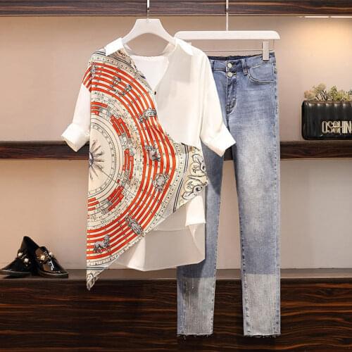 Ladies Two-piece Single Suit Large Size Womens Summer New Style Retro Printing Loose Shirt Jeans Suit 2 Piece Tie Dye Seten