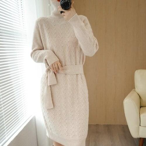 High-end brand ATTYYWS womens high-neck long-sleeved 100% pure wool sweater pure color pullover body bag hip long new sweater