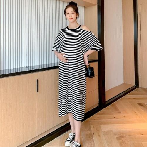 001# Summer Casual Striped Maternity Long Dress Large Size Loose Nursing Clothes for Pregnant Women Chic Shoulder Off Pregnancy