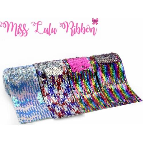 3"75mm Double Color Reversible Sequin Ribbon Hologram Rainbow Silver DIY Wedding Decor Gift Hot Pink Bowknots Making 2yards/roll