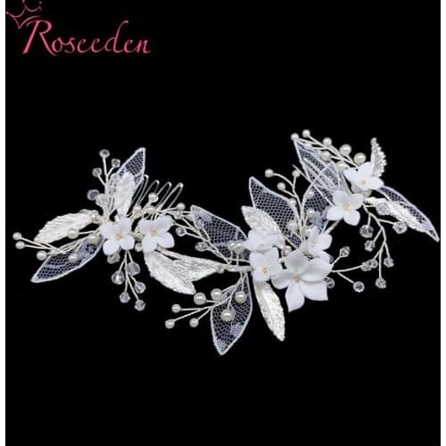 White Lace Flowers Pearls Wedding Hair Combs Bride Headpiece Women Head Jewelry Handmade Wedding Hair Accessories RE3836