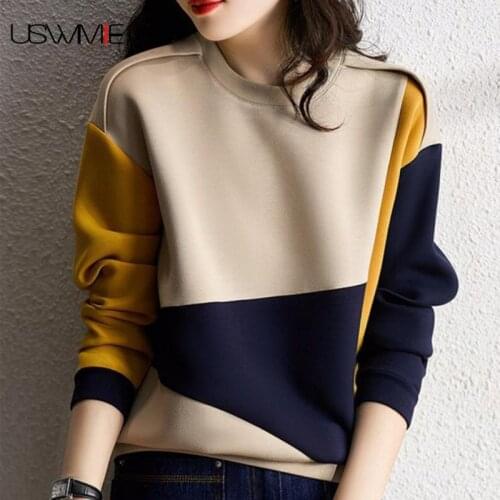Free Shipping Oversized Hoodie Spring Fashion Leisure Outwear Hoodies Long Sleeve Color Matching O-neck Comfort Women Pullovers