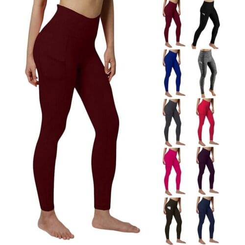 Sports Gym Long Pants Ladies Solid Color High Waist Fitness Hip Lifting Pants Side Pocket Running Yoga Pants Dropship