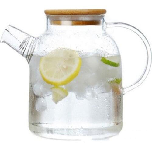 1L/1.8L Transparent Glass Teapot Heat Resistant Flower Kettle Water Jug with Bamboo/Stainless Steel Cover Clear Juice Container
