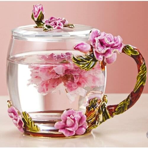 Household good looking water cup crystal glass belt cover European cups children flower tea coffee mug home gift