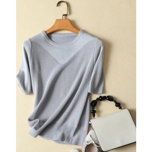 Solid Knitted Women T-Shirts Summer New 2021 O-Neck Short-Sleeved Slim Elastic Lady Elegant Pulls Outwear Tops Tees