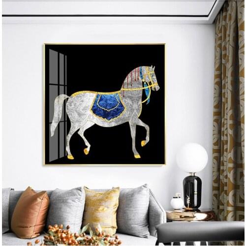 Geometric abstract print oil Painting Blue White horse and flowers Modern Art Picture Canvas for porch home Hotel Decoration
