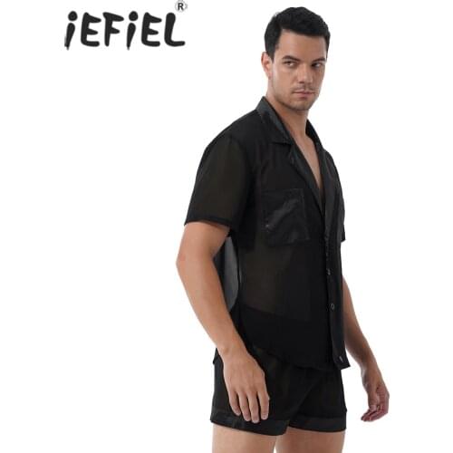 Men See-through Pajama Sets Short Sleeve Patchwork Casual Costume Sissy Sleepwear Nightwear Lapel Button Shirts Tops with Shorts