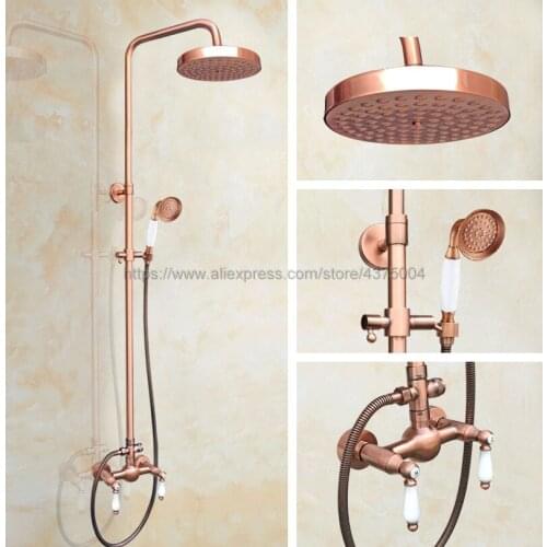 Antique Red Copper Bathroom Rainfall Shower Faucets Set Double Handle Mixer Tap Faucets Wall Mounted Bath Showers Sets Nrg585